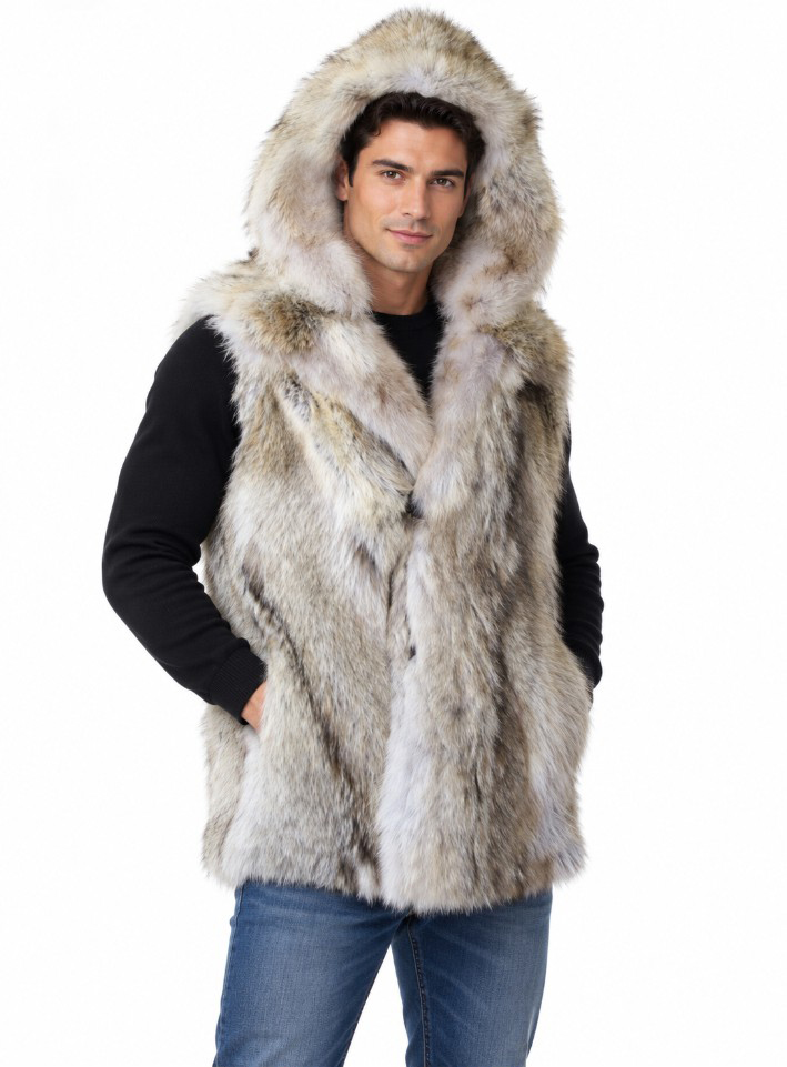 Men's New Coyote Fur Vest with Hood - Image 3