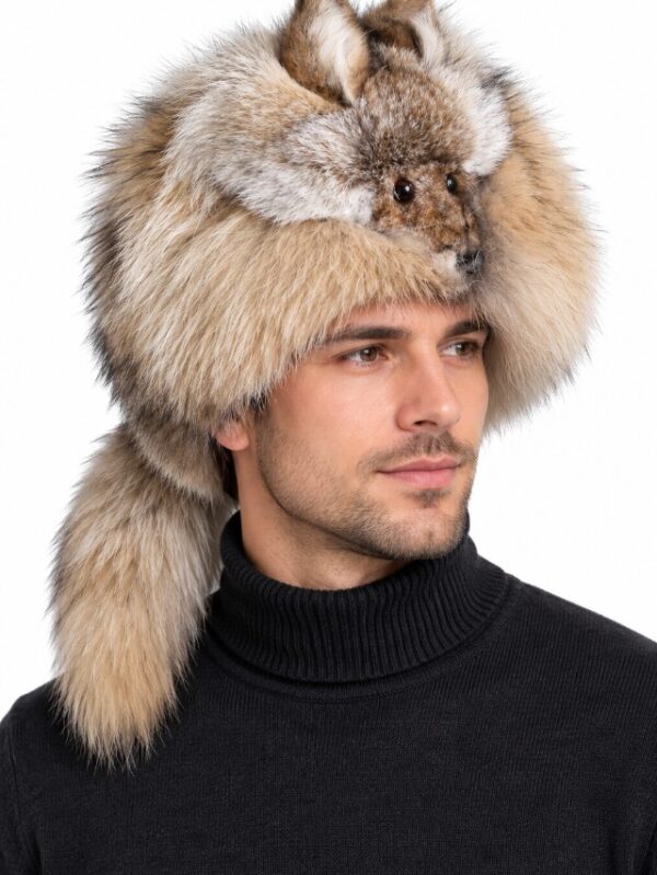 Men's New Coyote Fur Davy Crockett Frontier Trapper Hat with Tail Size L | L181115_2