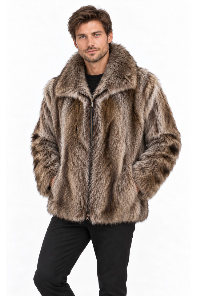 Men's New Raccoon Fur Coat Bomber Jacket Coat Men's XXL