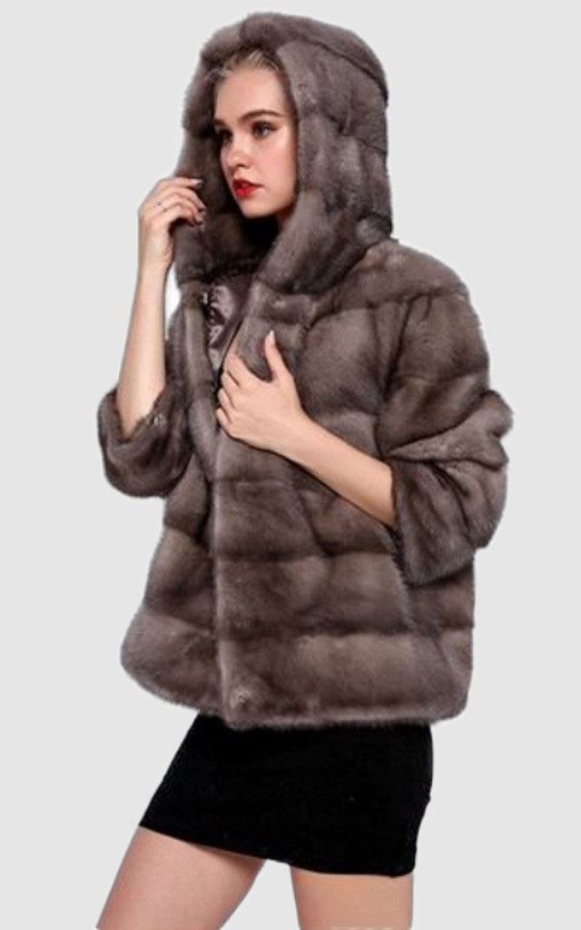 Mink Fur Jacket Coat with HOOD Sz M Natural Blue Iris