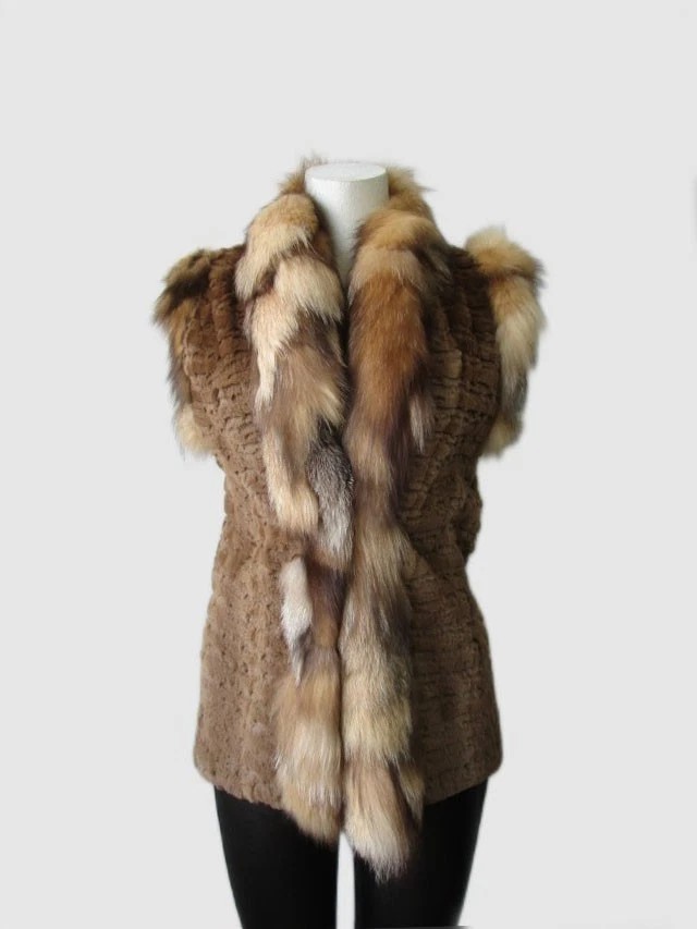 Women's New Natural Brown Mink Fur Vest Crystal Fox Fur Size S | MF26 - Image 2