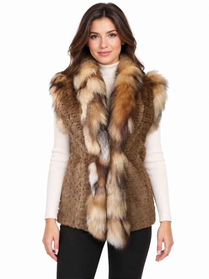 Women's New Natural Brown Mink Fur Vest Crystal Fox Fur Size S | MF26