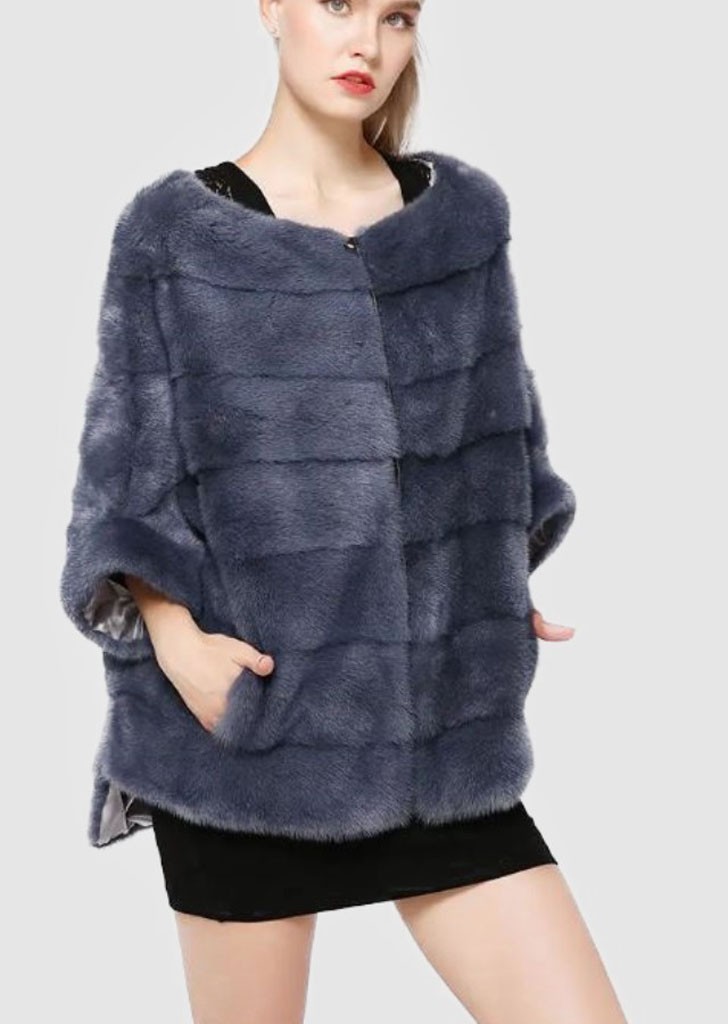 Women's Sz M Brand New Blue Mink Fur Sweater Poncho Cape Bolero Jacket Coat