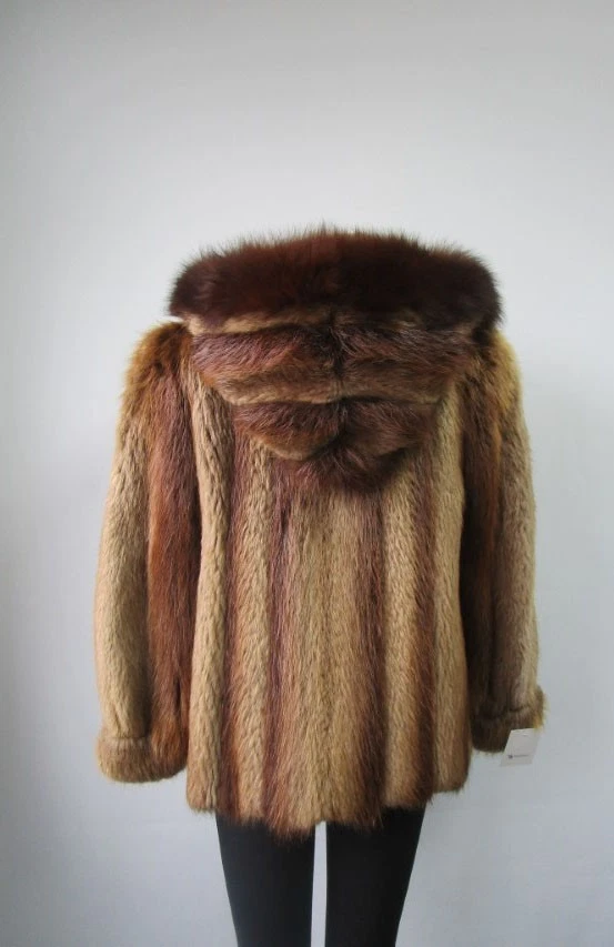 Beaver Fox Fur Bomber Jacket Hood Women's 10 New - Image 7