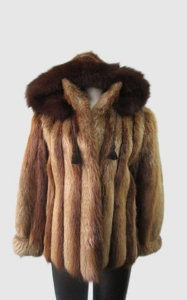 Beaver Fox Fur Bomber Jacket Hood Women's 10 New