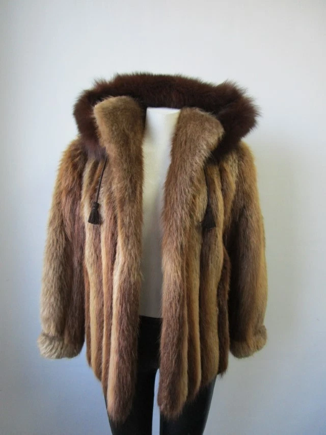Beaver Fox Fur Bomber Jacket Hood Women's 10 New - Image 5