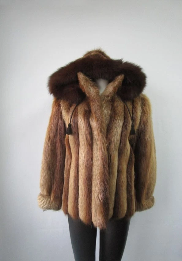 Beaver Fox Fur Bomber Jacket Hood Women's 10 New - Image 4