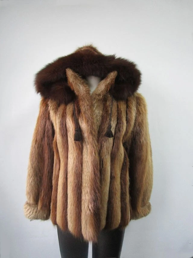 Beaver Fox Fur Bomber Jacket Hood Women's 10 New - Image 2