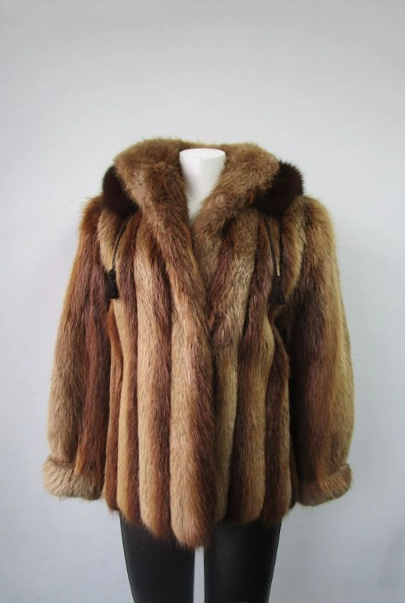 Beaver Fox Fur Bomber Jacket Hood Women's 10 New - Image 3