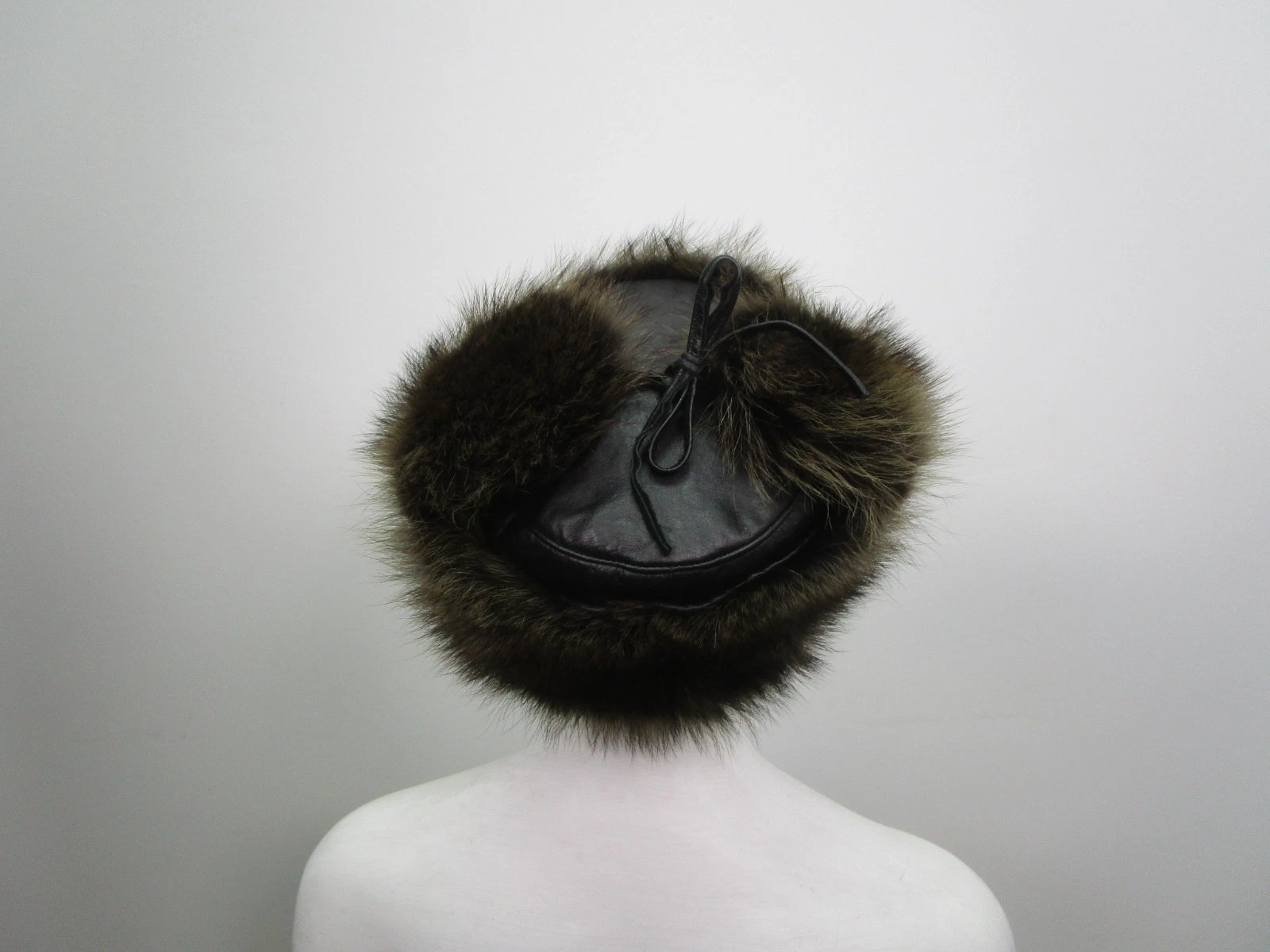 Men's L Black Leather Raccoon Fur Trapper Hat MINT - Image 3