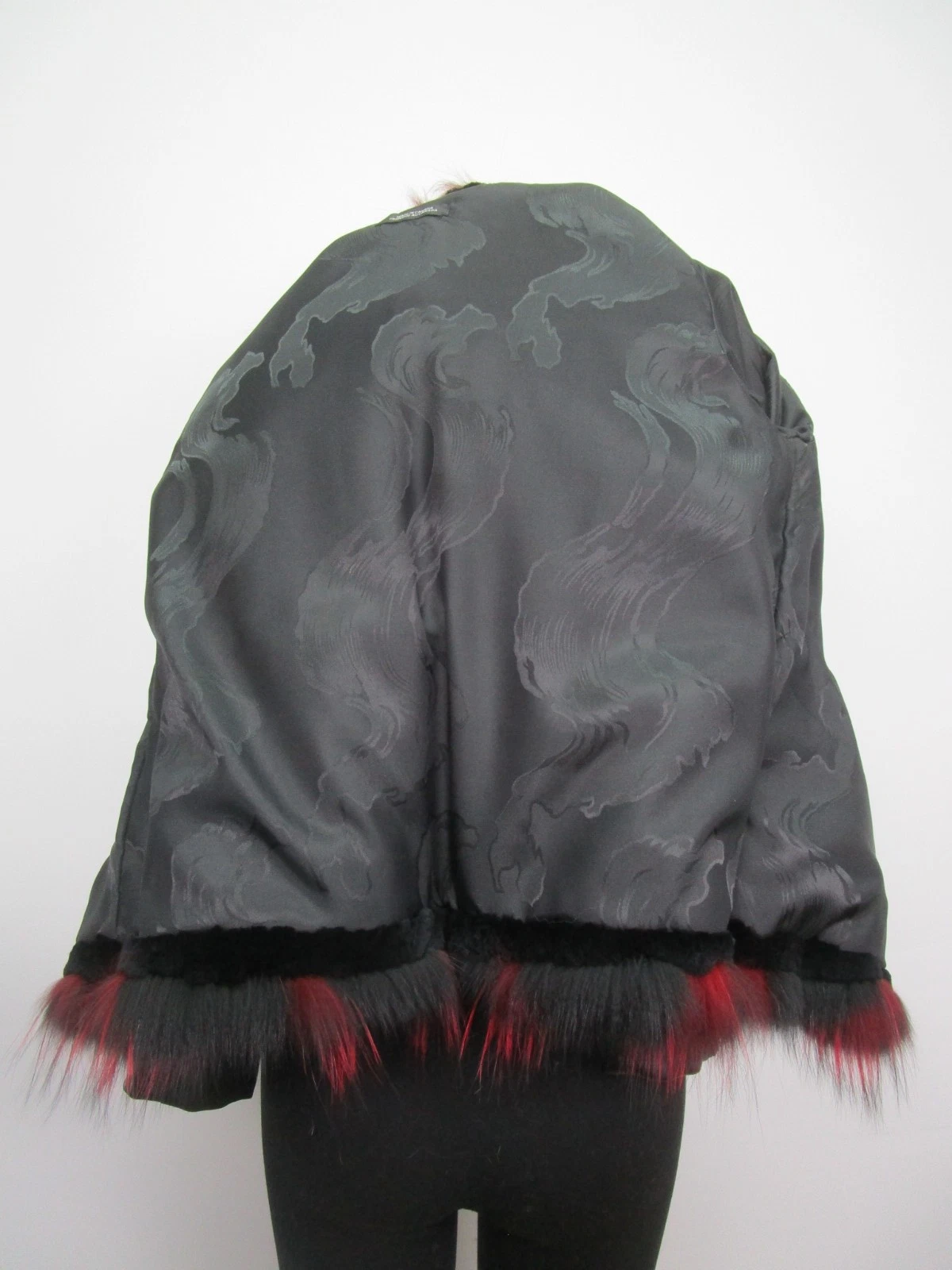 Women's Sz 4 New Black Red Fox Fur Jacket Coat Leather Sleeves - Image 4