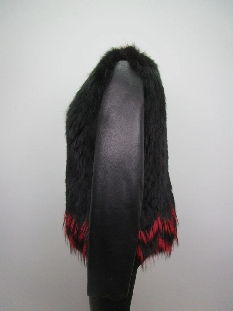 Women's Sz 4 New Black Red Fox Fur Jacket Coat Leather Sleeves - Image 2