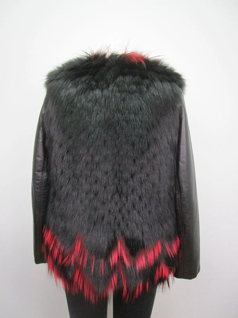 Women's Sz 4 New Black Red Fox Fur Jacket Coat Leather Sleeves - Image 3