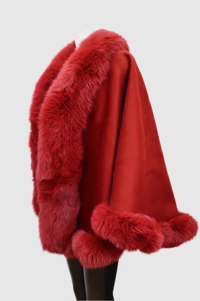 Women's New Cashmere Wool Red Wrap Cape Fox Fur - Image 4