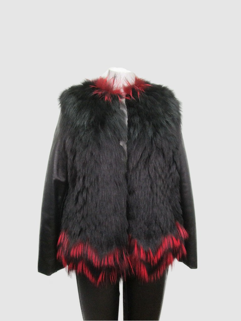 Women's Sz 4 New Black Red Fox Fur Jacket Coat Leather Sleeves