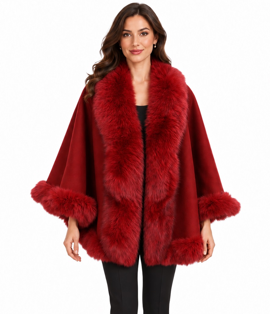 Women's New Cashmere Wool Red Wrap Cape Fox Fur | MF2609_5
