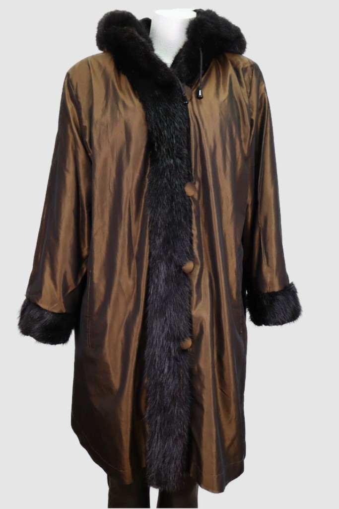 Reversible Raincoat Sheared Mink Fur Lining Hood Sz 14 Women's Superb