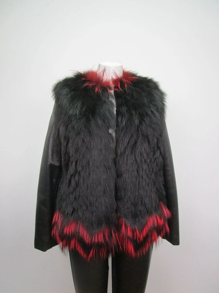 Women's Sz 4 New Black Red Fox Fur Jacket Coat Leather Sleeves - Image 5