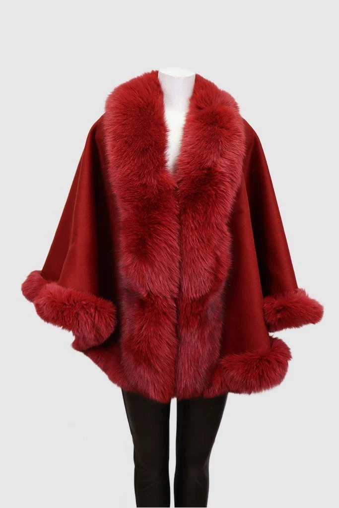 Women's New Cashmere Wool Red Wrap Cape Fox Fur