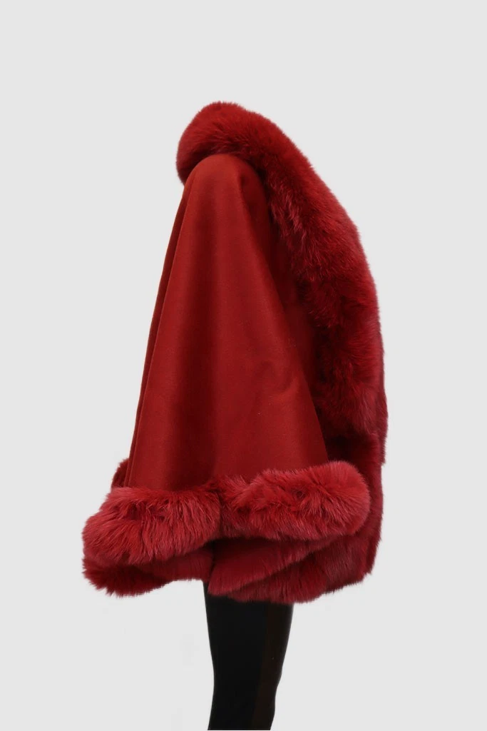 Women's New Cashmere Wool Red Wrap Cape Fox Fur - Image 2