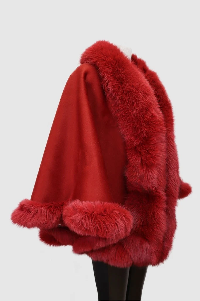 Women's New Cashmere Wool Red Wrap Cape Fox Fur - Image 3