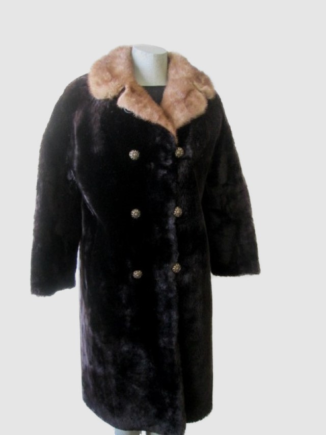 Women's Sz 8 Bon Mouton Lamb Fur Coat Mink Fur Collar