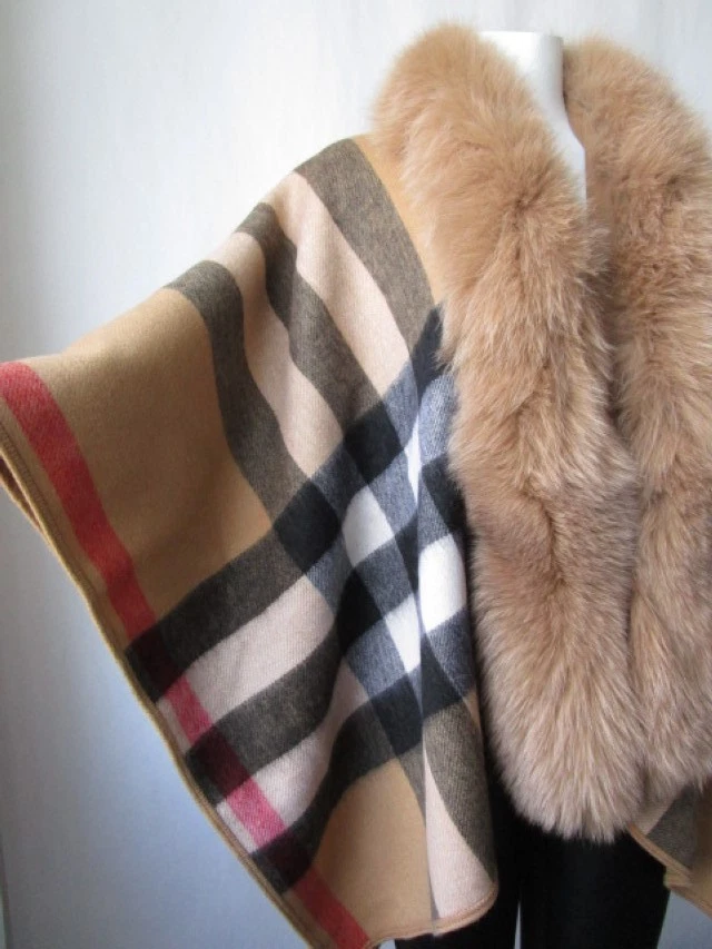 Women's New Cashmere Wool Wrap Cape Shawl Detachable Fox Fur - Image 6