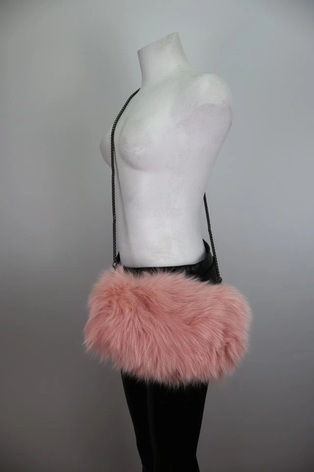 Women's NEW Pink Fox Fur Purse Handmuff Crossbody - Image 5