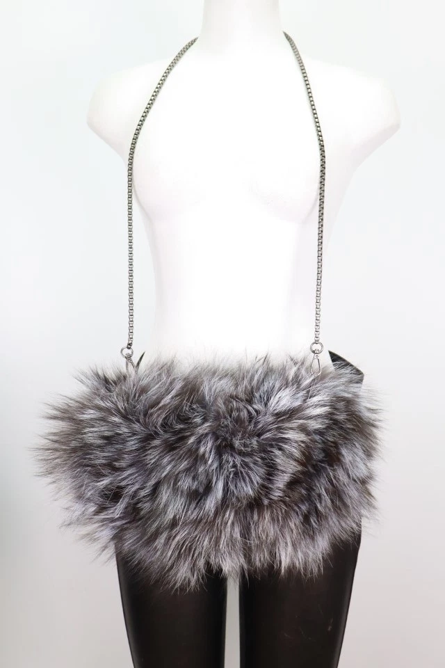 Women's New Silver Fox Fur Purse Crossbody Hand Muff