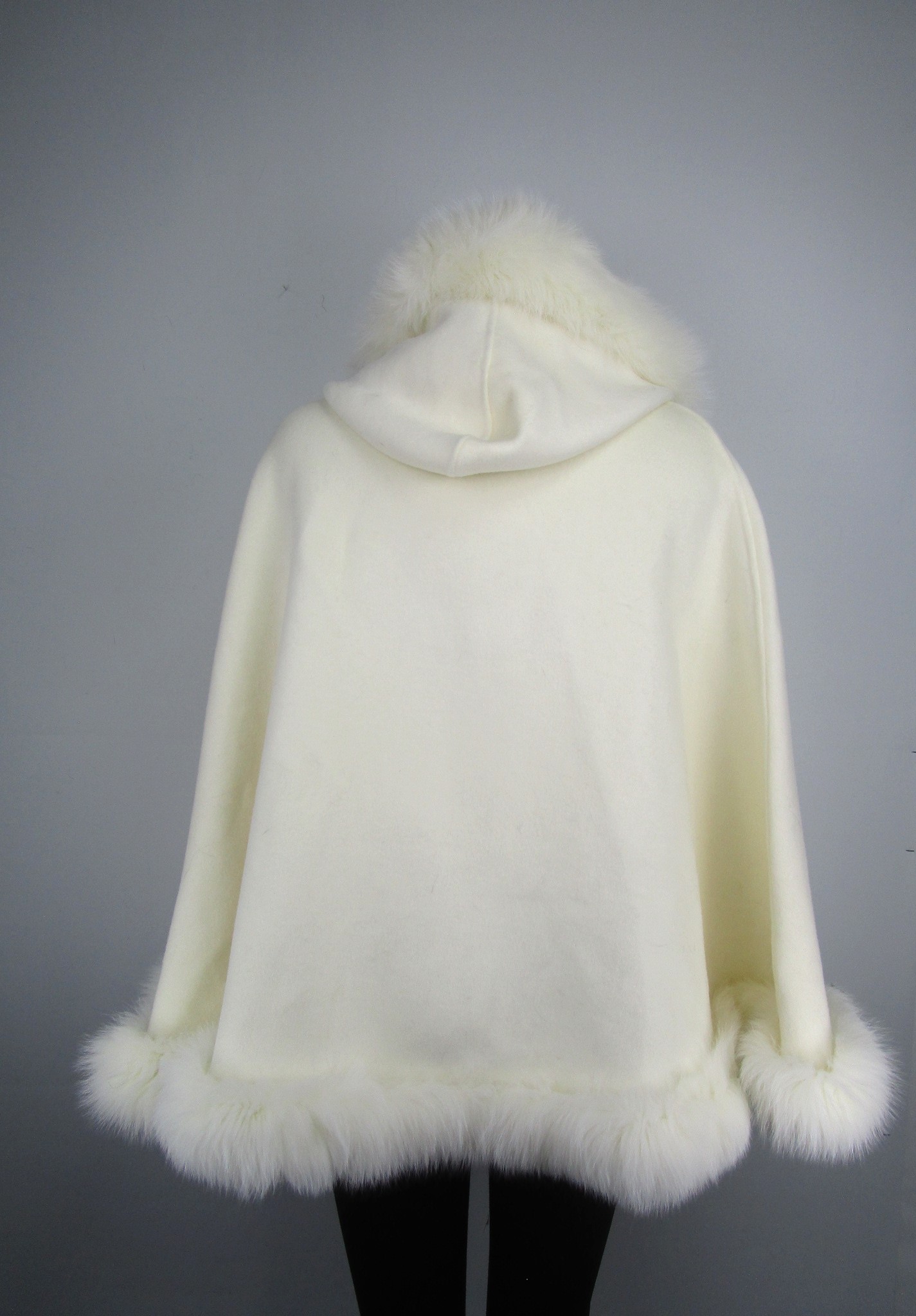 Women's New Ivory White Cashmere Wool Wrap Cape with Hood and Fox Fur trim | TT241129_12H - Image 4