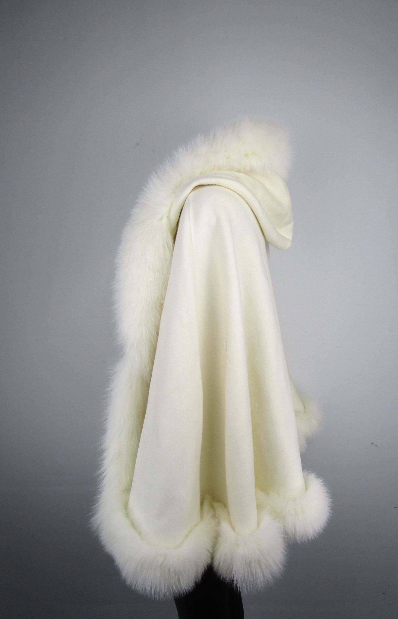 Women's New Ivory White Cashmere Wool Wrap Cape with Hood and Fox Fur trim | TT241129_12H - Image 2