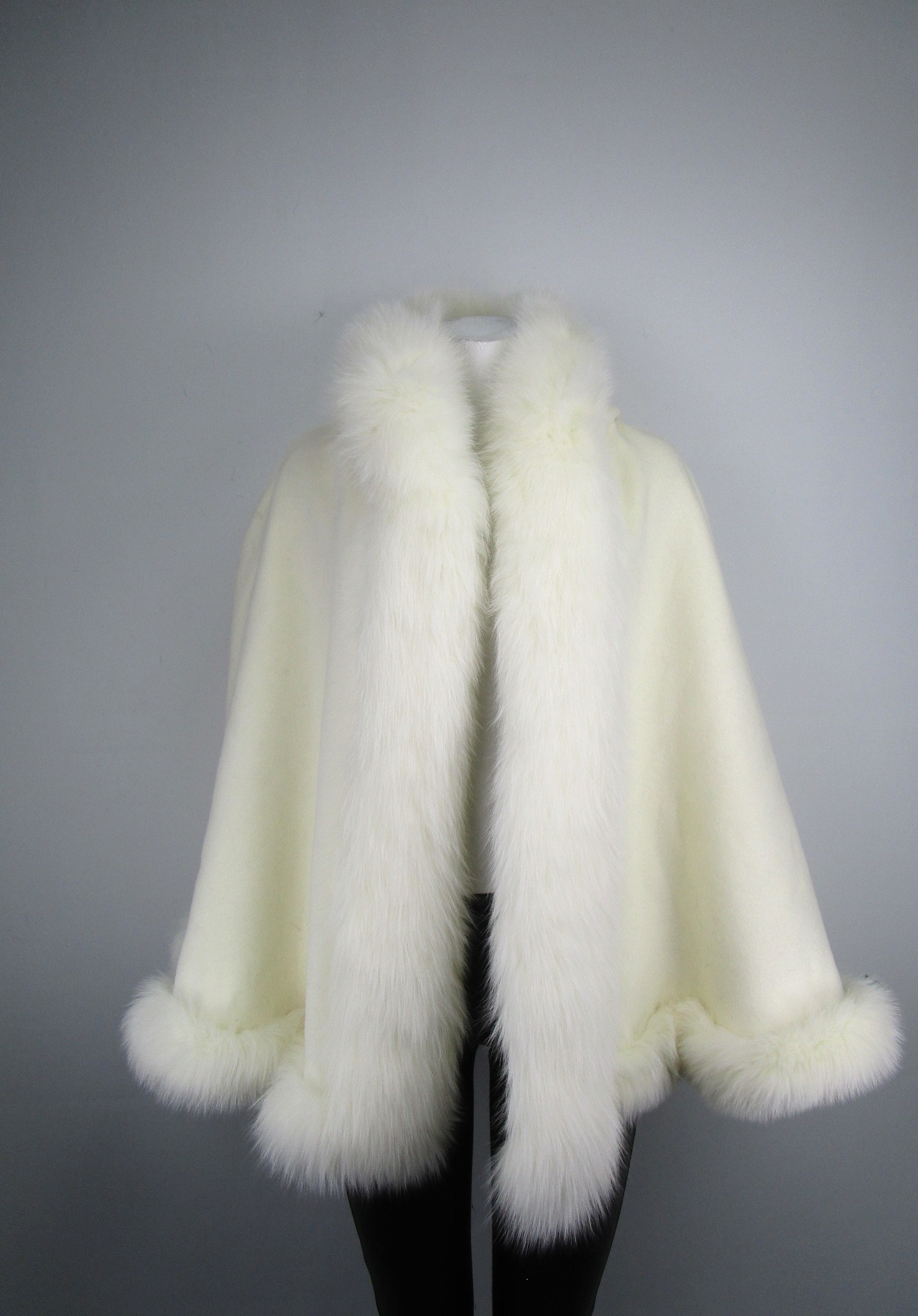 Women's New Ivory White Cashmere Wool Wrap Cape with Hood and Fox Fur trim | TT241129_12H - Image 3