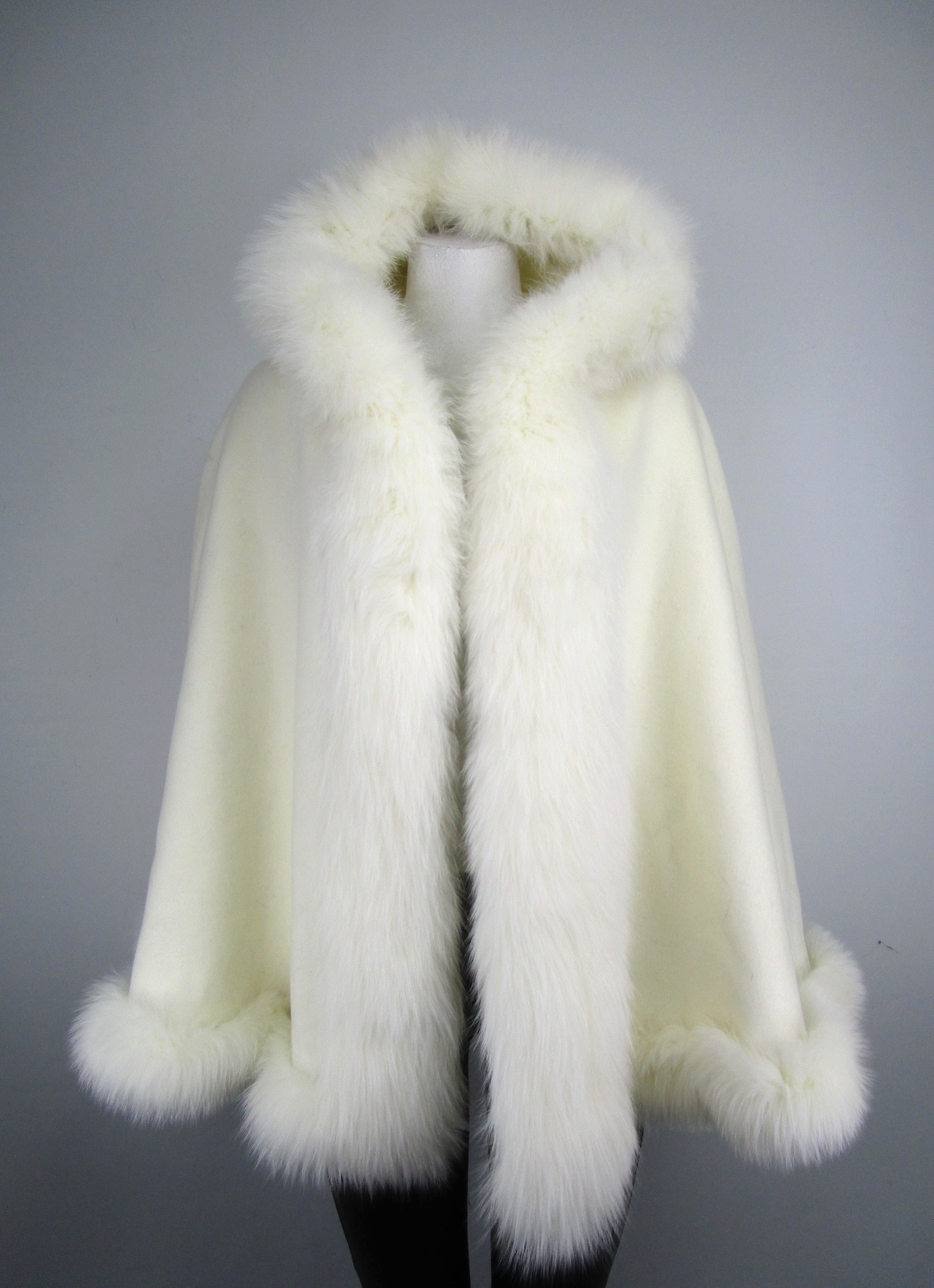 Women's New Ivory White Cashmere Wool Wrap Cape with Hood and Fox Fur trim | TT241129_12H