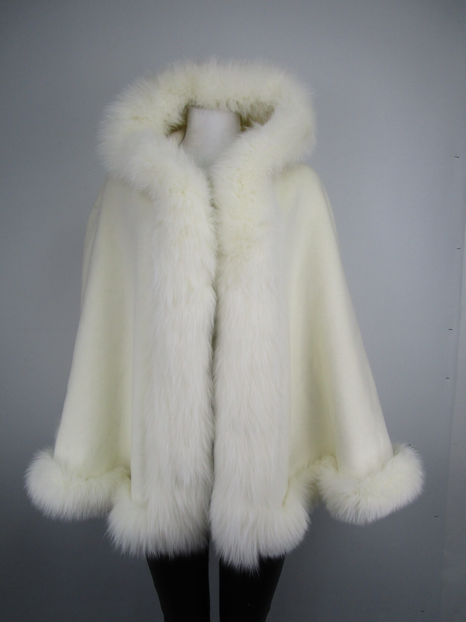 Women's New Ivory White Cashmere Wool Wrap Cape with Hood and Fox Fur trim | TT241129_12H - Image 5