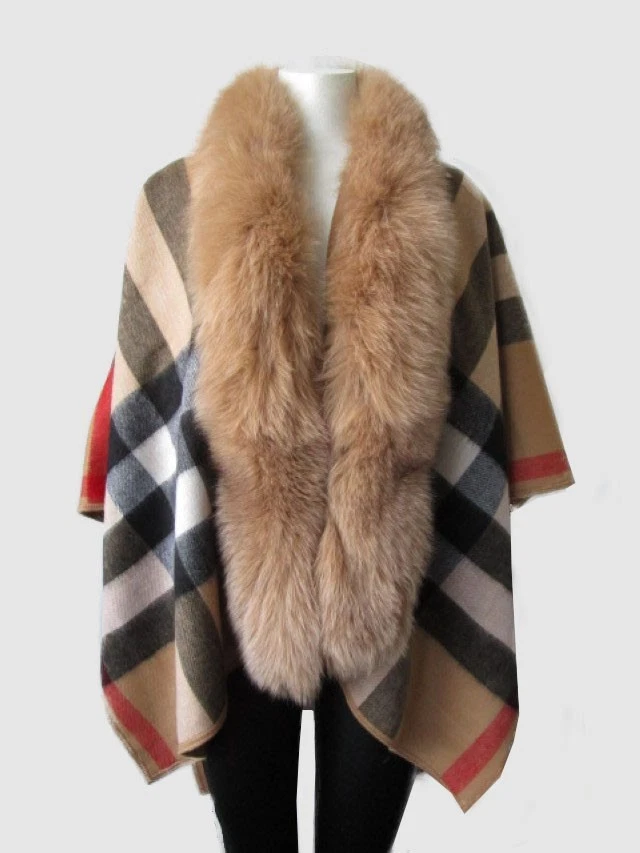 Women's New Cashmere Wool Wrap Cape Shawl Detachable Fox Fur