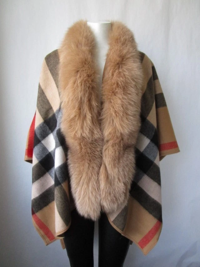 Women's New Cashmere Wool Wrap Cape Shawl Detachable Fox Fur - Image 2