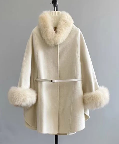 Black Cashmere Wool Cape Jacket Coat Fox Fur New - Image 3