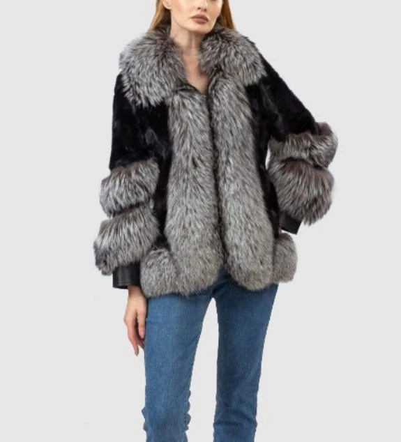 New Black Mink Fur Coat Silver Fox Fur Women's 8 - Image 4