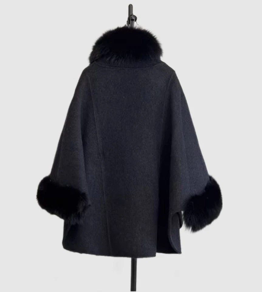 Black Cashmere Wool Cape Jacket Coat Fox Fur New - Image 2
