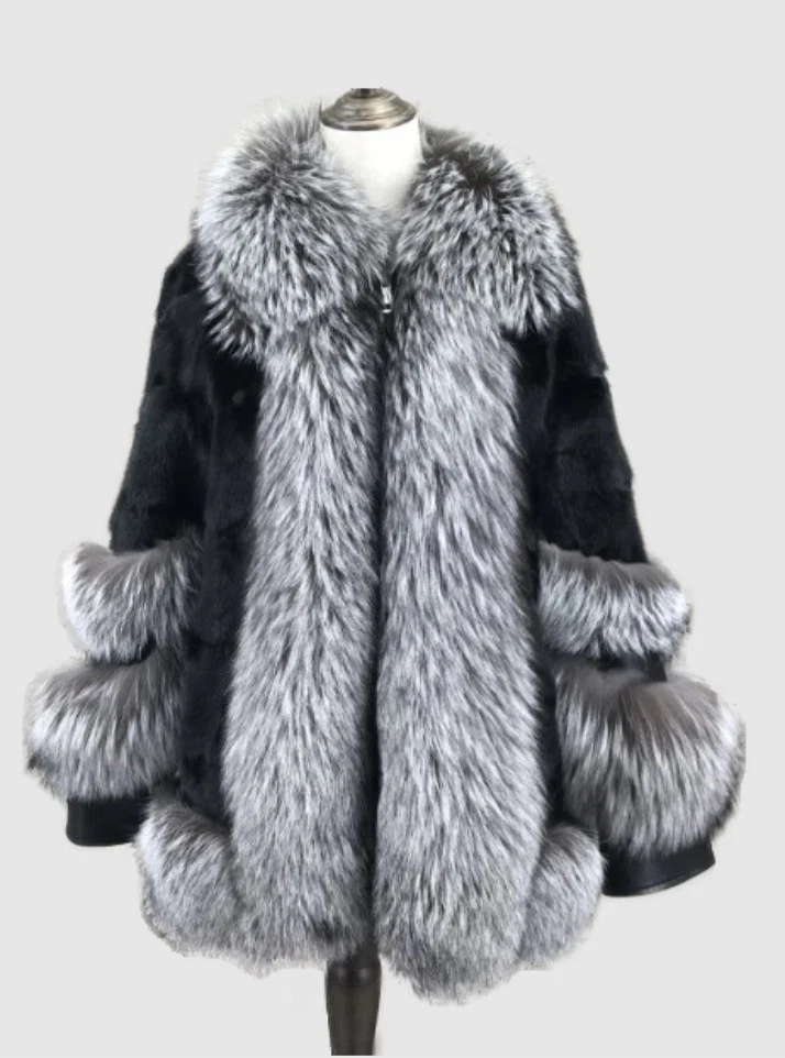 New Black Mink Fur Coat Silver Fox Fur Women's 8 - Image 6