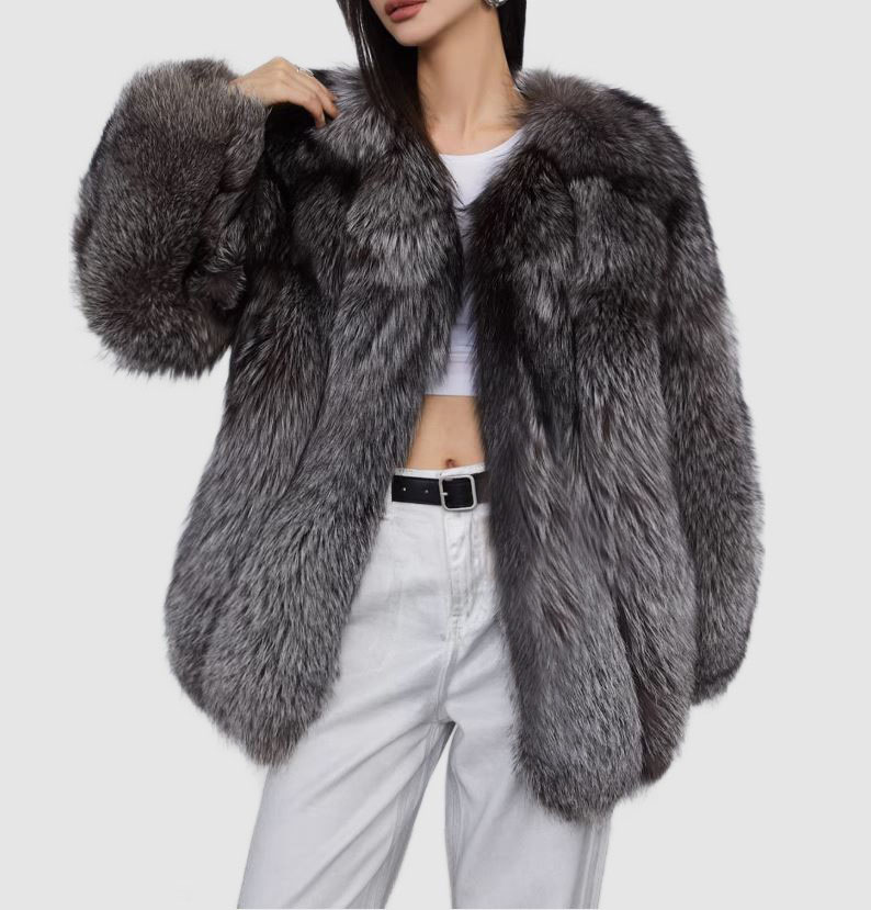 Silver Fox Fur Coat Jacket New Women's 8 - Image 2