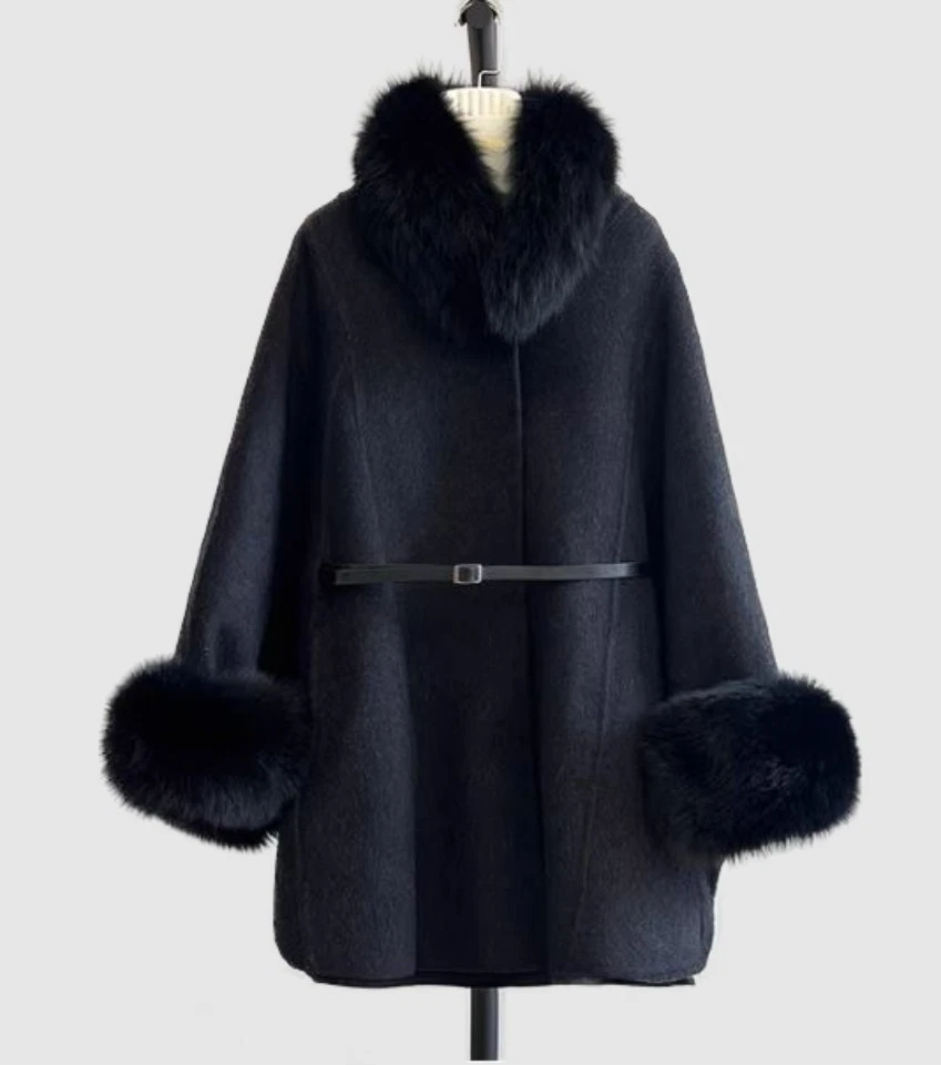 Black Cashmere Wool Cape Jacket Coat Fox Fur New