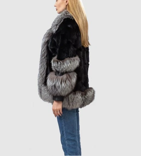 New Black Mink Fur Coat Silver Fox Fur Women's 8 - Image 5