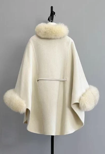 Black Cashmere Wool Cape Jacket Coat Fox Fur New - Image 4