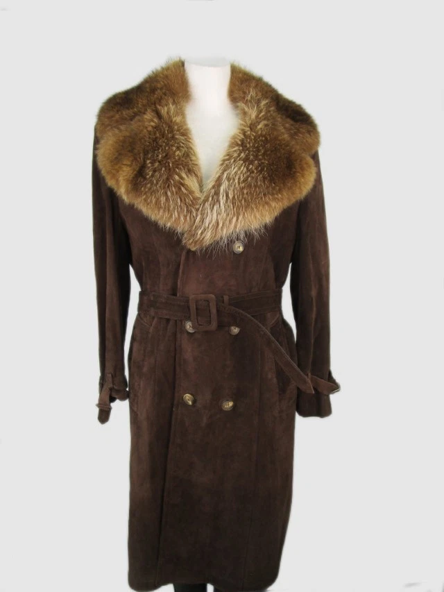 Brown Suede Coat Raccoon Fur Collar MINT Women's 10