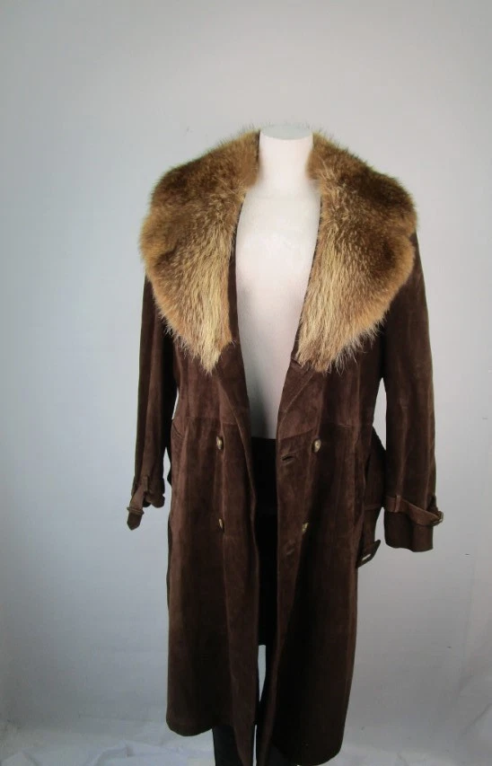 Brown Suede Coat Raccoon Fur Collar MINT Women's 10 - Image 2