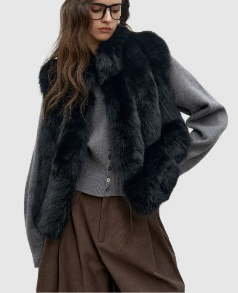 Women's Brand New Black SAGA Fox Fur Vest XS