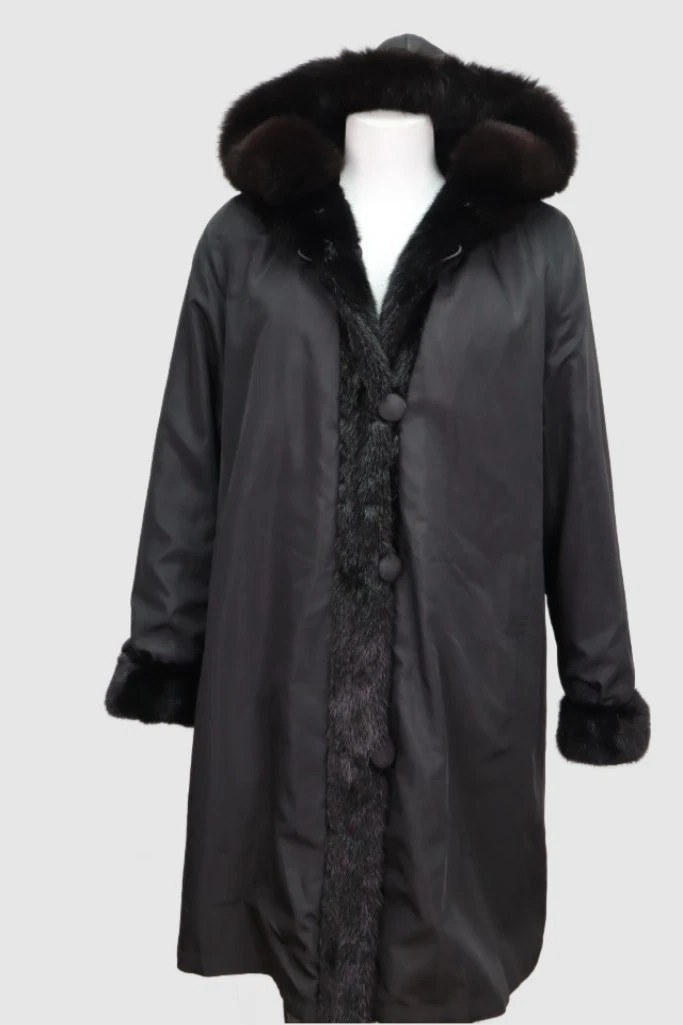 Women's Sz 8 Black Reversible Raincoat Sheared Mink Fur Lining SUPERB