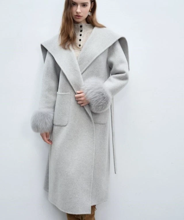 Women's New Gray Wool Cashmere Coat Fox Fur Hood - Image 5