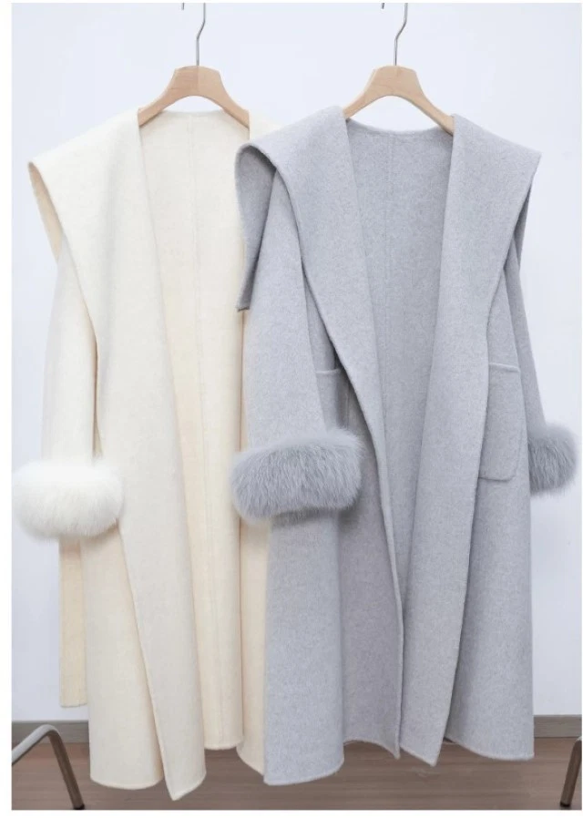 Women's New Gray Wool Cashmere Coat Fox Fur Hood - Image 6